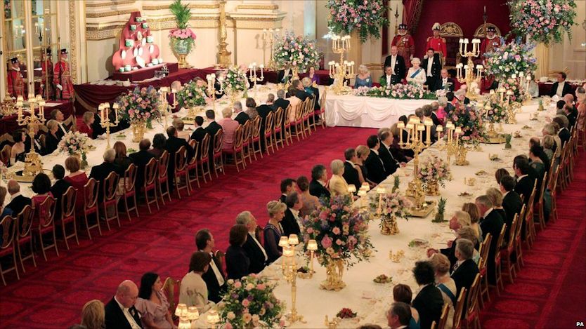 President Obama attends a dinner gathering at Buckingham Palace.