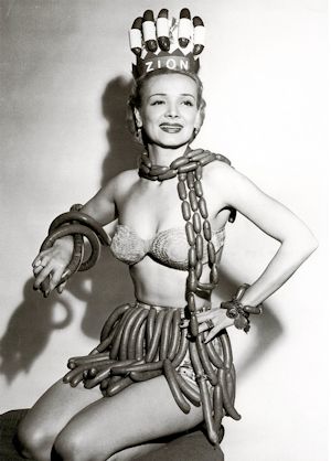 Geene Courtney, Sausage Queen. Sponsored by the Zion Meat Company during National Hot Dog Week, 1955.