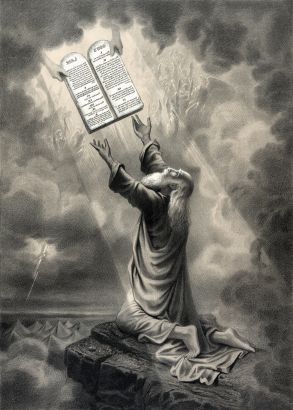 Moses receiving the ten commandments. 1877 lithograph, artist unknown.