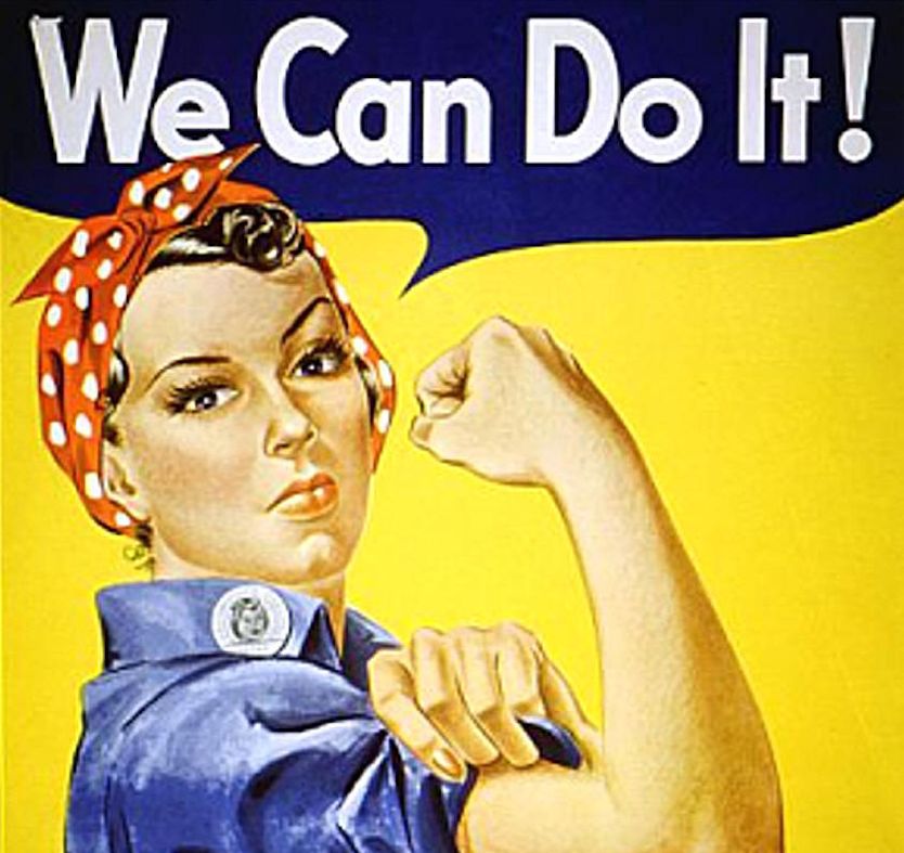 Rosie the Riveter is a cultural icon of the United States representing women who worked in factories during World War II (artist J. Howard Miller 1942).